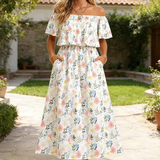 Elegant Watercolor Floral Print Off-the-shoulder Short-sleeve Maxi Dress