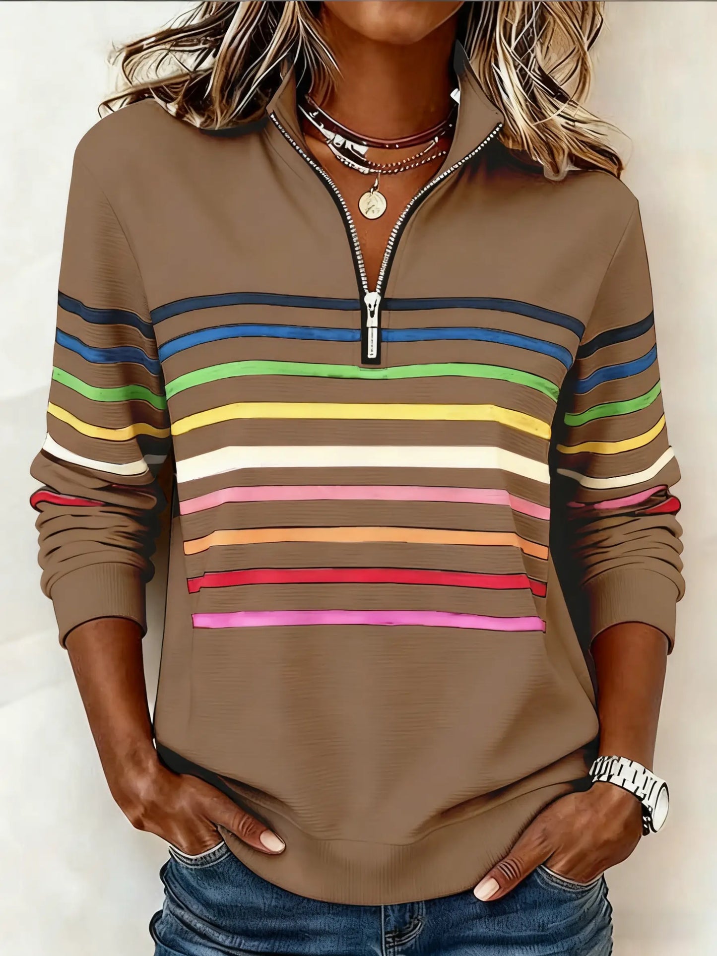 🎄Clearance Sale🔥 Women's Vibrant Striped Half-Zip Casual Sweatshirt