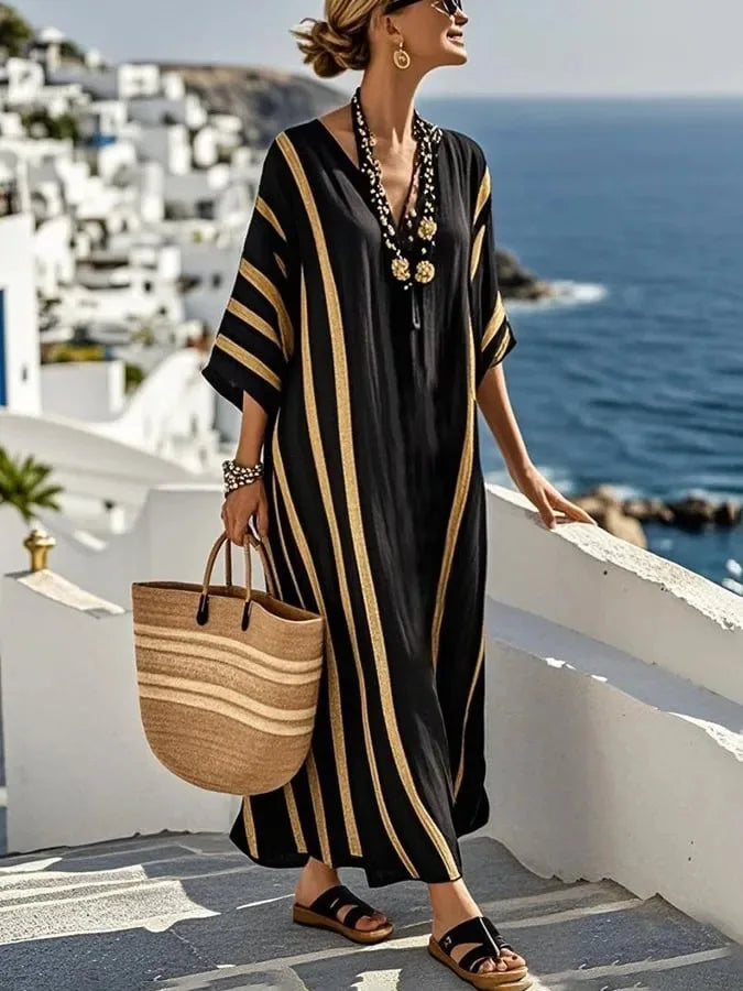 2026 Spring/Autumn Ethnic Print Maxi Dress – V-Neck, Striped Contrast, Trumpet Sleeves, Loose Fit Vacation Long Dress for Women