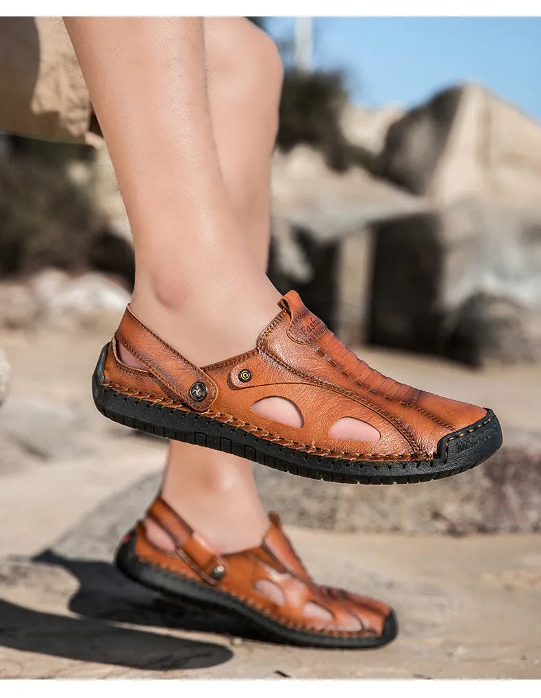 ⏰LAST DAY-70% OFF🛒Men's Adjustable Strap Leather Slides – Comfortable for Walking & Hiking