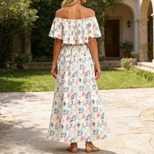 Elegant Watercolor Floral Print Off-the-shoulder Short-sleeve Maxi Dress