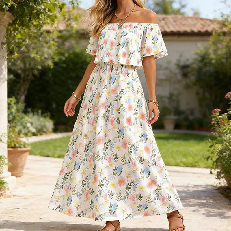 Elegant Watercolor Floral Print Off-the-shoulder Short-sleeve Maxi Dress