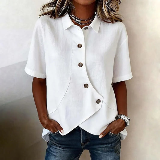 Elegant Solid Collared Button-up Short Sleeve Blouse