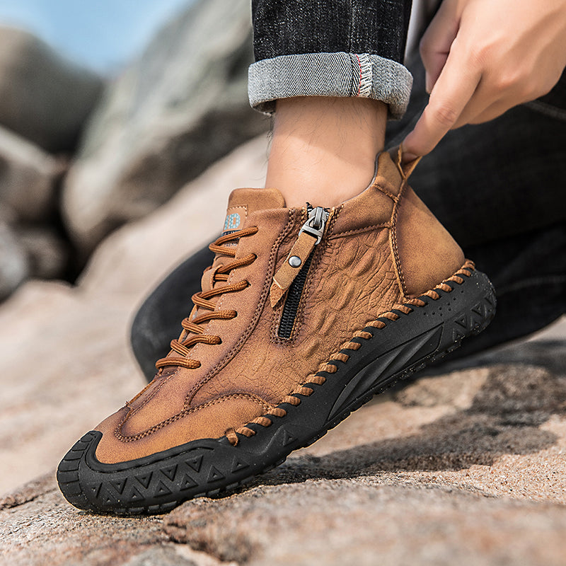 Men's Outdoor Leather Shoes with Zipper – Waterproof, Arch Support & Wide Toe Comfort