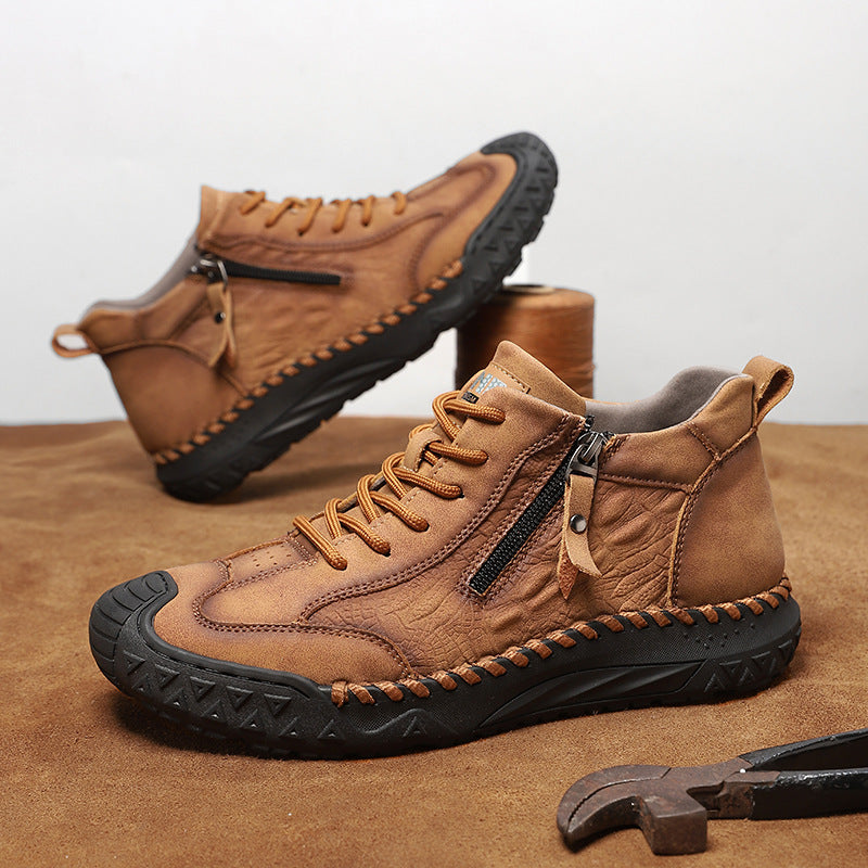 Men's Outdoor Leather Shoes with Zipper – Waterproof, Arch Support & Wide Toe Comfort
