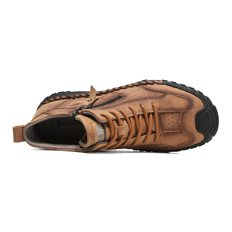 Men's Outdoor Leather Shoes with Zipper – Waterproof, Arch Support & Wide Toe Comfort