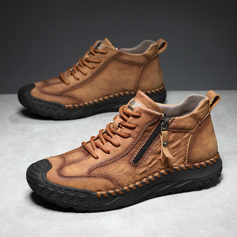 Men's Outdoor Leather Shoes with Zipper – Waterproof, Arch Support & Wide Toe Comfort