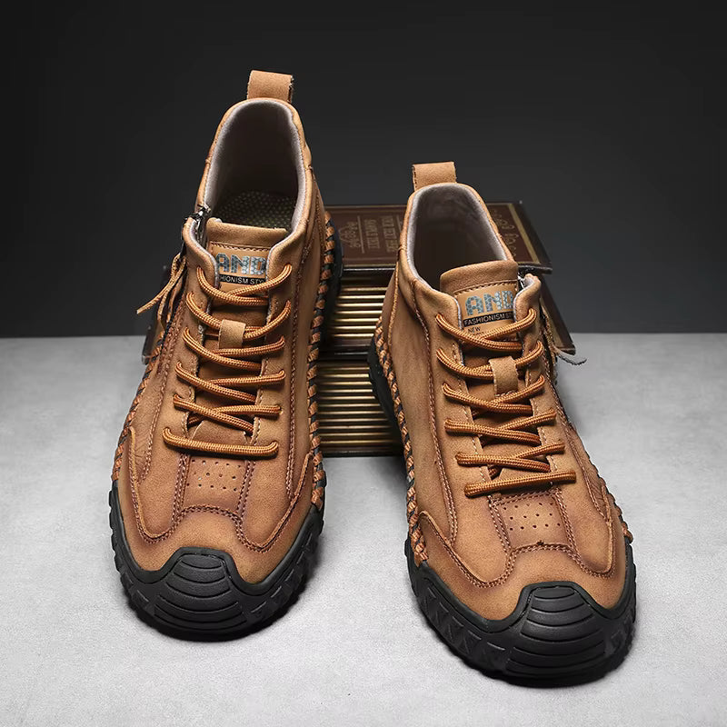 Men's Outdoor Leather Shoes with Zipper – Waterproof, Arch Support & Wide Toe Comfort