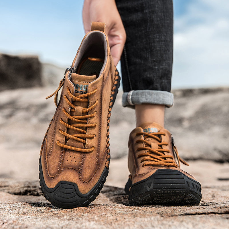 Men's Outdoor Leather Shoes with Zipper – Waterproof, Arch Support & Wide Toe Comfort