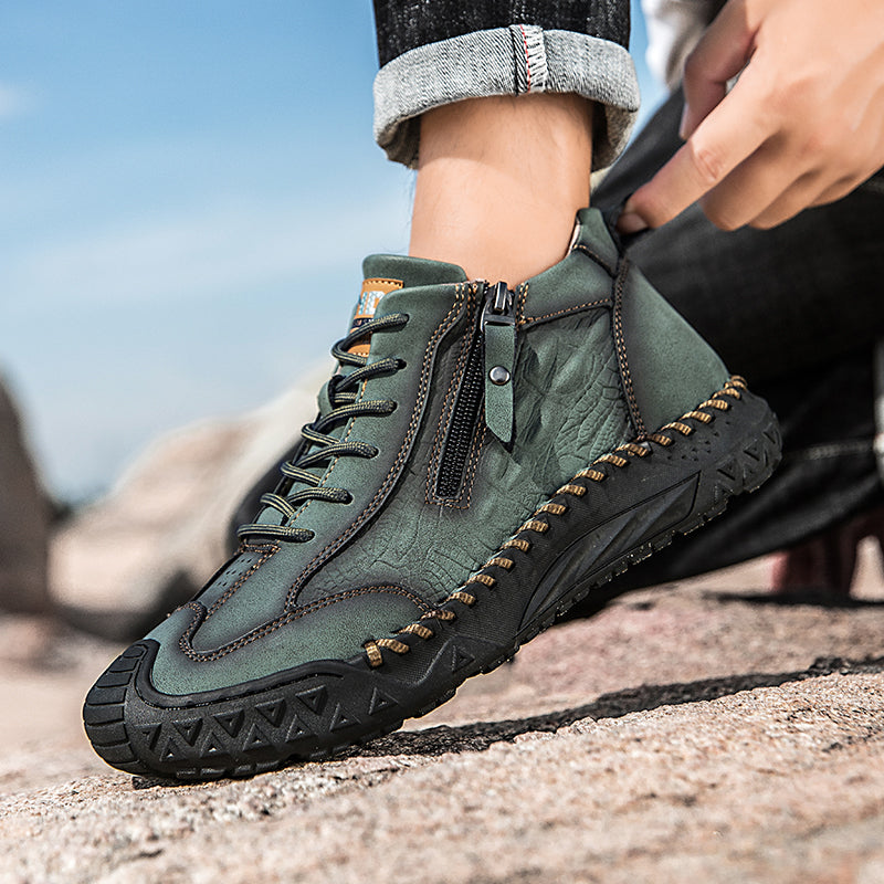 Men's Outdoor Leather Shoes with Zipper – Waterproof, Arch Support & Wide Toe Comfort