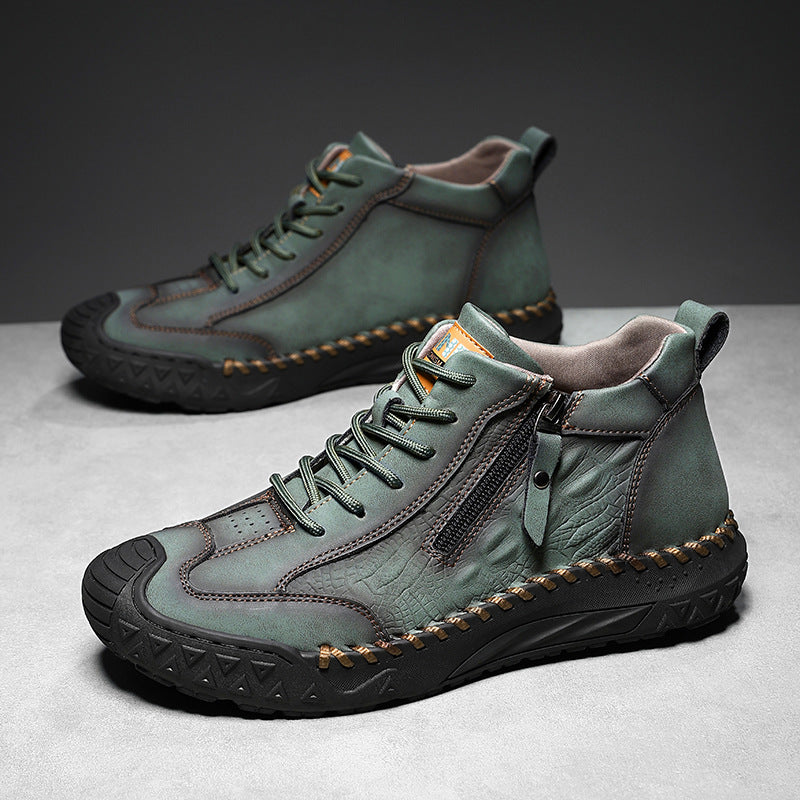 Men's Outdoor Leather Shoes with Zipper – Waterproof, Arch Support & Wide Toe Comfort