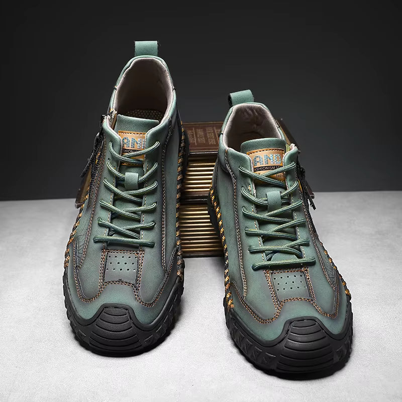 Men's Outdoor Leather Shoes with Zipper – Waterproof, Arch Support & Wide Toe Comfort