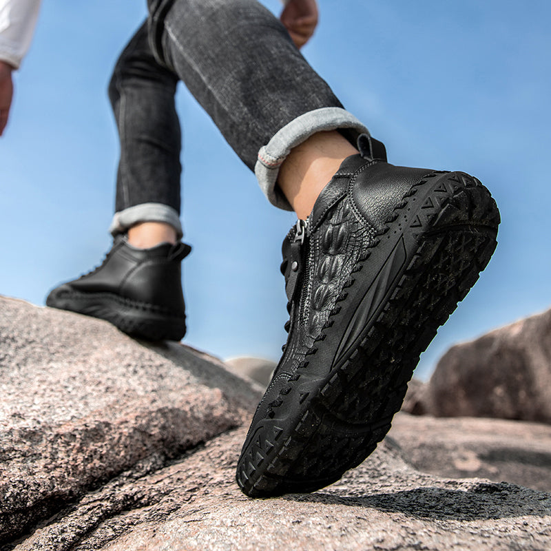 Men's Outdoor Leather Shoes with Zipper – Waterproof, Arch Support & Wide Toe Comfort