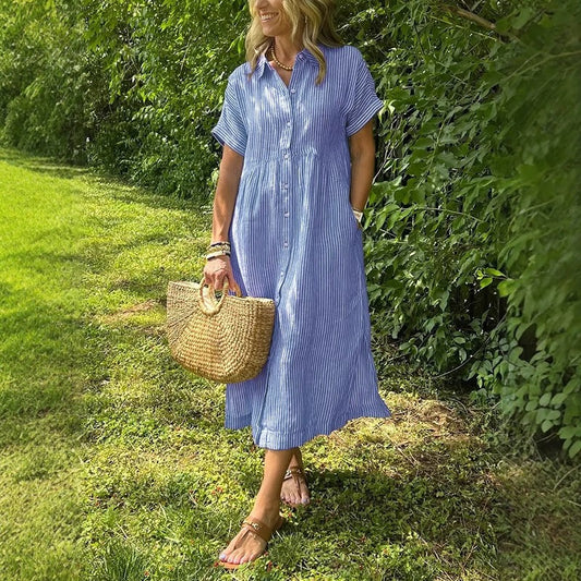 Classical Cotton and Linen Striped Dress
