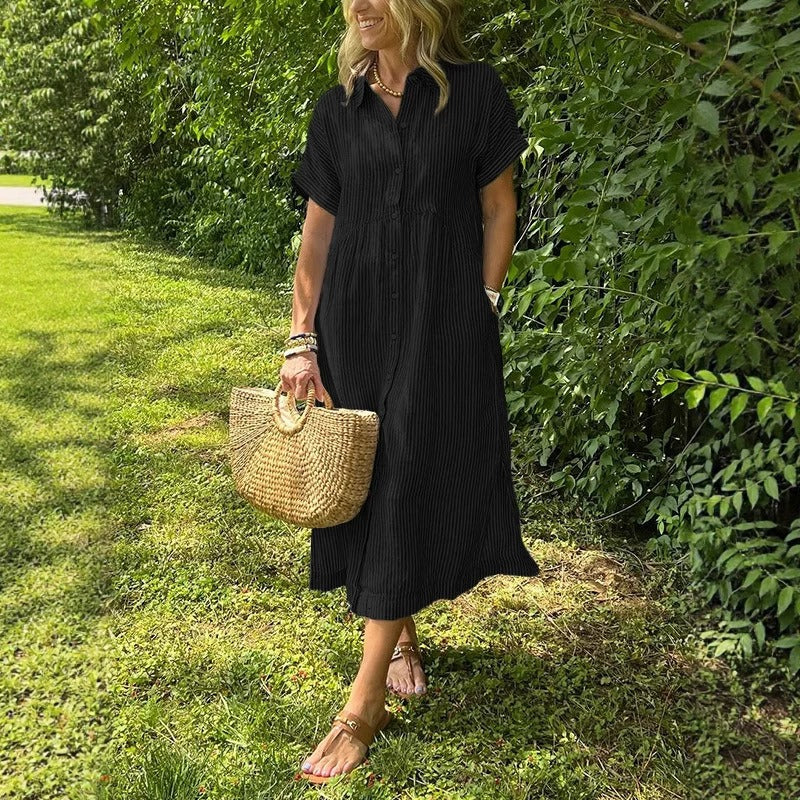 Classical Cotton and Linen Striped Dress