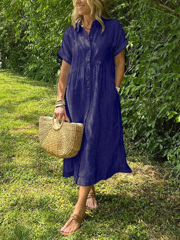 Classical Cotton and Linen Striped Dress
