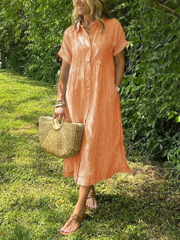 Classical Cotton and Linen Striped Dress