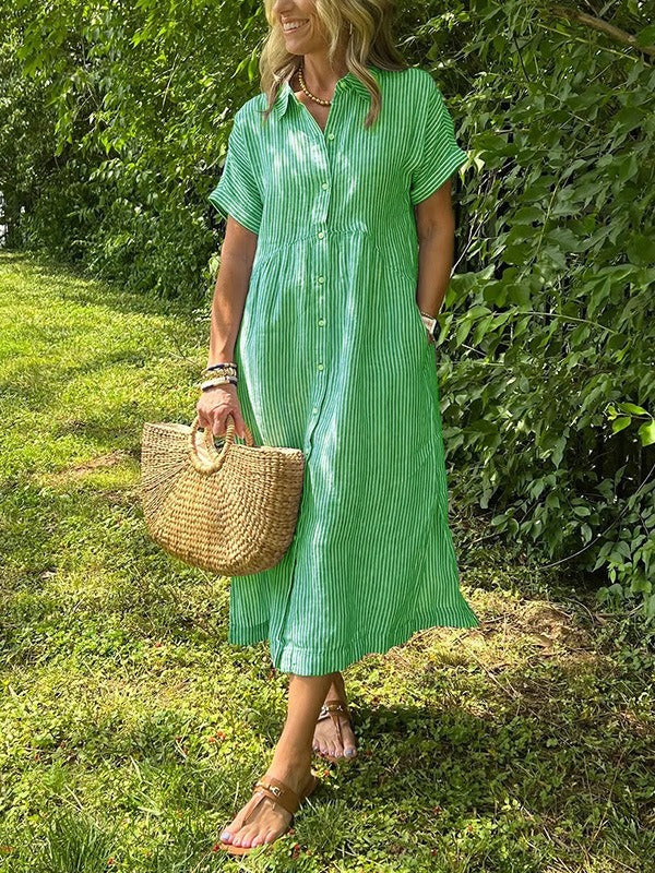 Classical Cotton and Linen Striped Dress