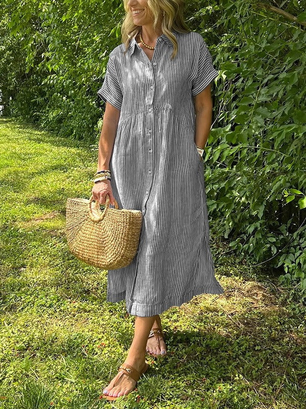 Classical Cotton and Linen Striped Dress