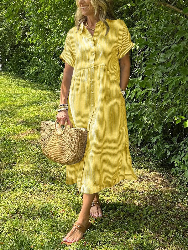 Classical Cotton and Linen Striped Dress