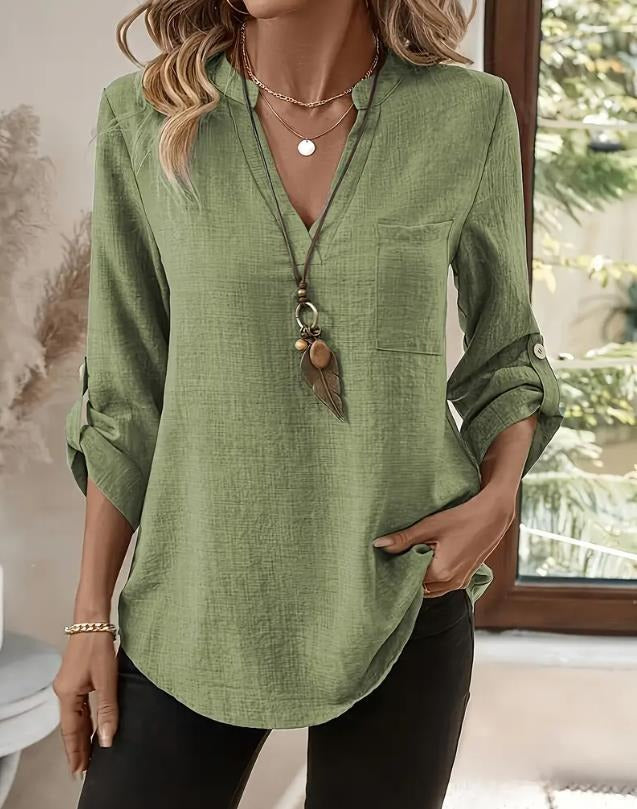 Casual Notched Roll-Up Sleeve Pocket Blouse