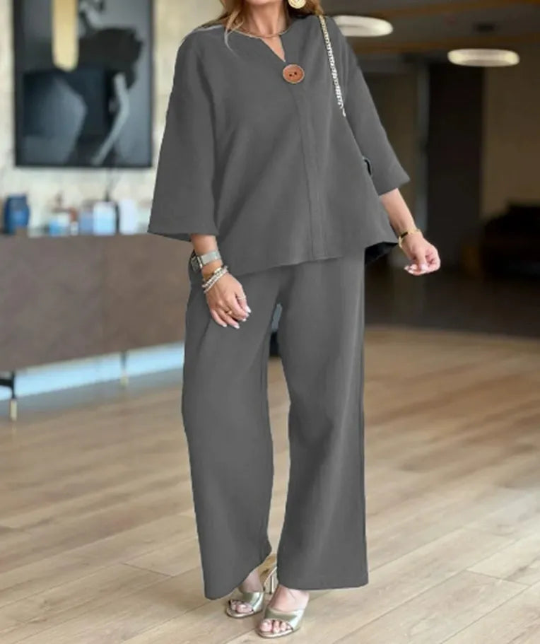 Linen casual loose shawl wide-leg pants top two-piece suit