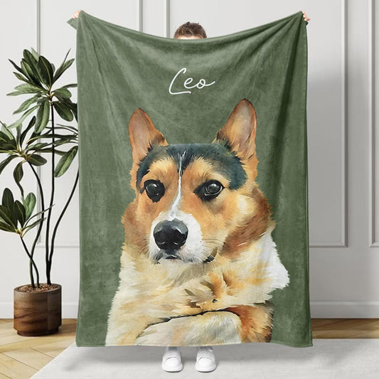 Custom Watercolor Photo Dog Blanket - Mother, Father's Day, Christmas, Birthday, Memorial Gift For Dog Mom & Dad, Dog Owner - Personalized Photo Fleece Blanket