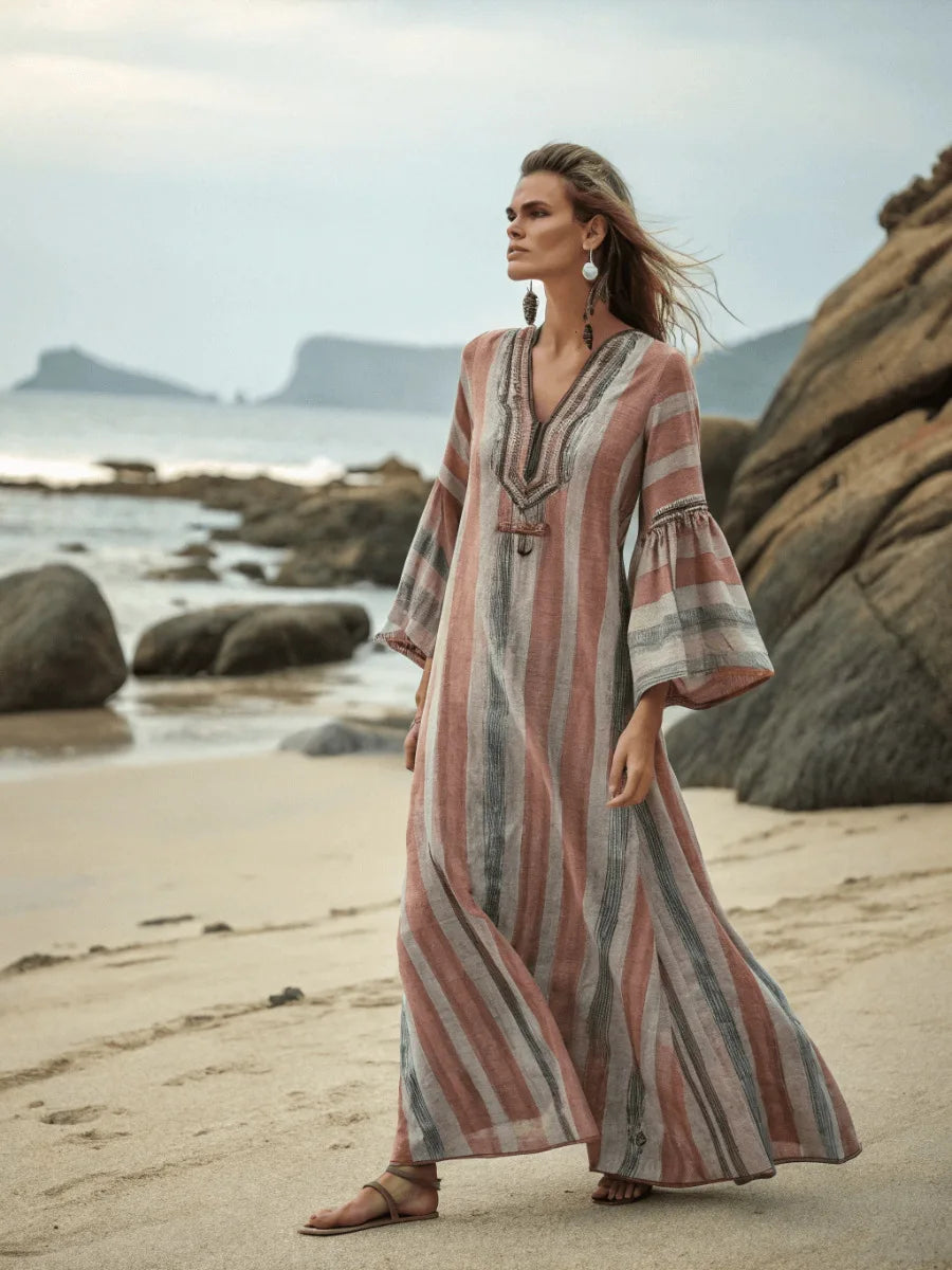 2026 Spring/Autumn Ethnic Print Maxi Dress – V-Neck, Striped Contrast, Trumpet Sleeves, Loose Fit Vacation Long Dress for Women