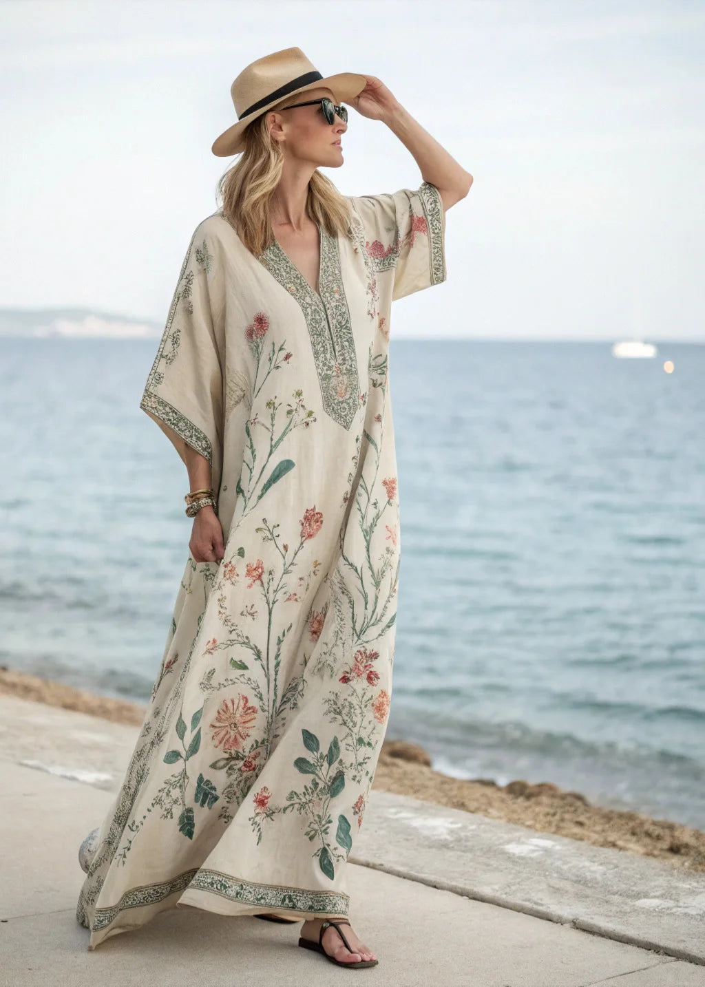 2026 Spring/Autumn Ethnic Print Maxi Dress – V-Neck, Striped Contrast, Trumpet Sleeves, Loose Fit Vacation Long Dress for Women