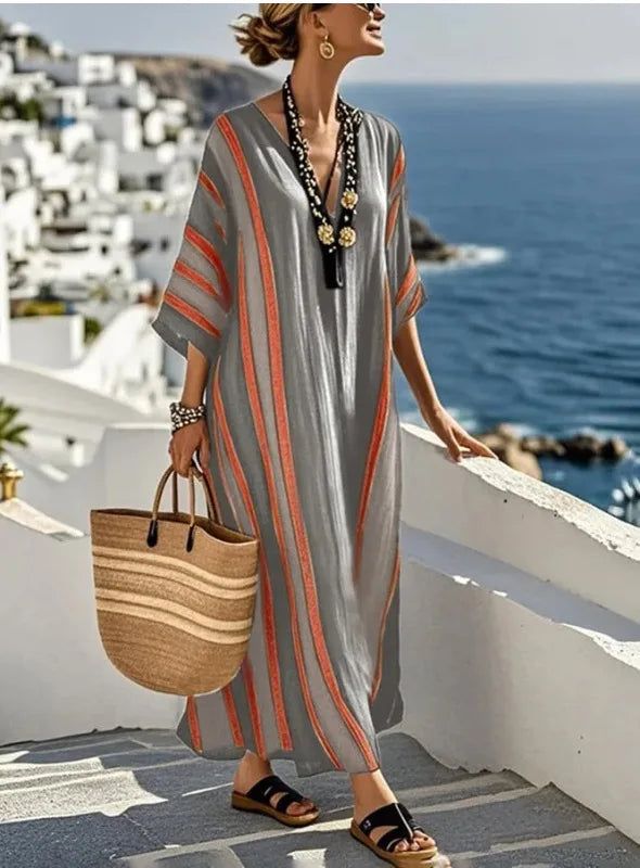 2026 Spring/Autumn Ethnic Print Maxi Dress – V-Neck, Striped Contrast, Trumpet Sleeves, Loose Fit Vacation Long Dress for Women