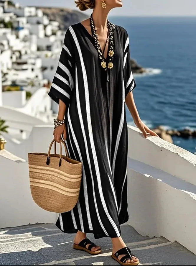 2026 Spring/Autumn Ethnic Print Maxi Dress – V-Neck, Striped Contrast, Trumpet Sleeves, Loose Fit Vacation Long Dress for Women