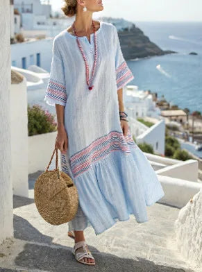 2026 Spring/Autumn Ethnic Print Maxi Dress – V-Neck, Striped Contrast, Trumpet Sleeves, Loose Fit Vacation Long Dress for Women
