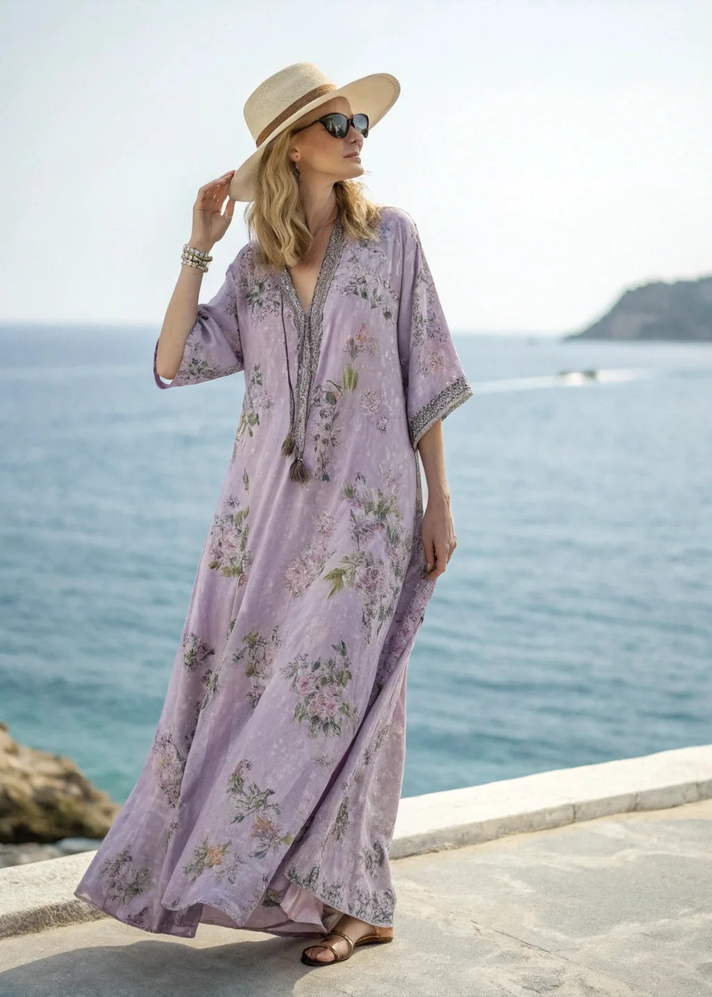 2026 Spring/Autumn Ethnic Print Maxi Dress – V-Neck, Striped Contrast, Trumpet Sleeves, Loose Fit Vacation Long Dress for Women