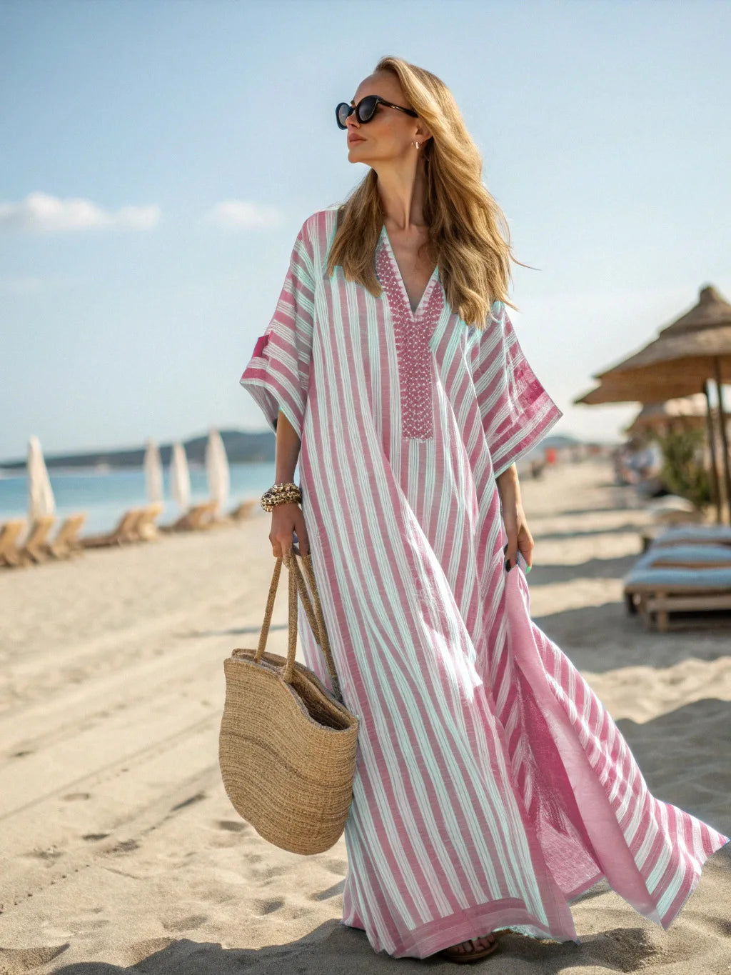2026 Spring/Autumn Ethnic Print Maxi Dress – V-Neck, Striped Contrast, Trumpet Sleeves, Loose Fit Vacation Long Dress for Women