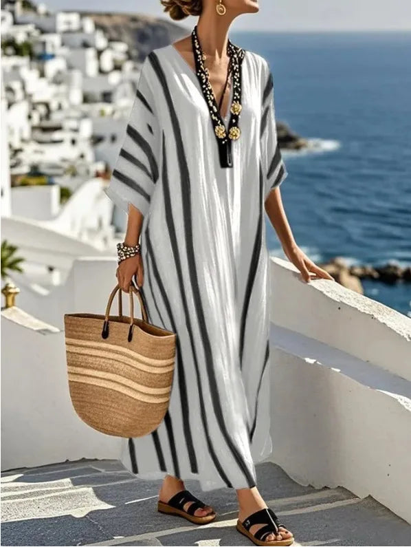2026 Spring/Autumn Ethnic Print Maxi Dress – V-Neck, Striped Contrast, Trumpet Sleeves, Loose Fit Vacation Long Dress for Women