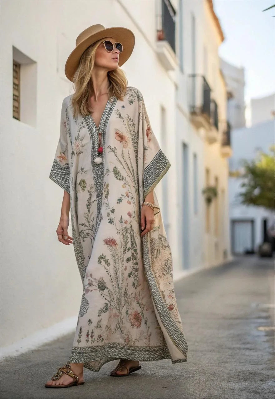 2026 Spring/Autumn Ethnic Print Maxi Dress – V-Neck, Striped Contrast, Trumpet Sleeves, Loose Fit Vacation Long Dress for Women