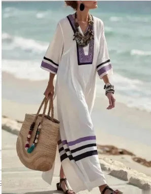 2026 Spring/Autumn Ethnic Print Maxi Dress – V-Neck, Striped Contrast, Trumpet Sleeves, Loose Fit Vacation Long Dress for Women