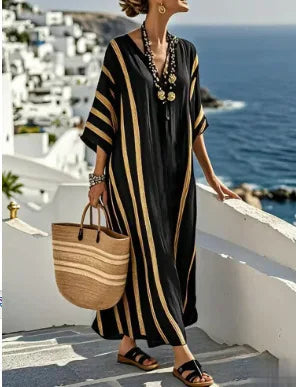 2026 Spring/Autumn Ethnic Print Maxi Dress – V-Neck, Striped Contrast, Trumpet Sleeves, Loose Fit Vacation Long Dress for Women