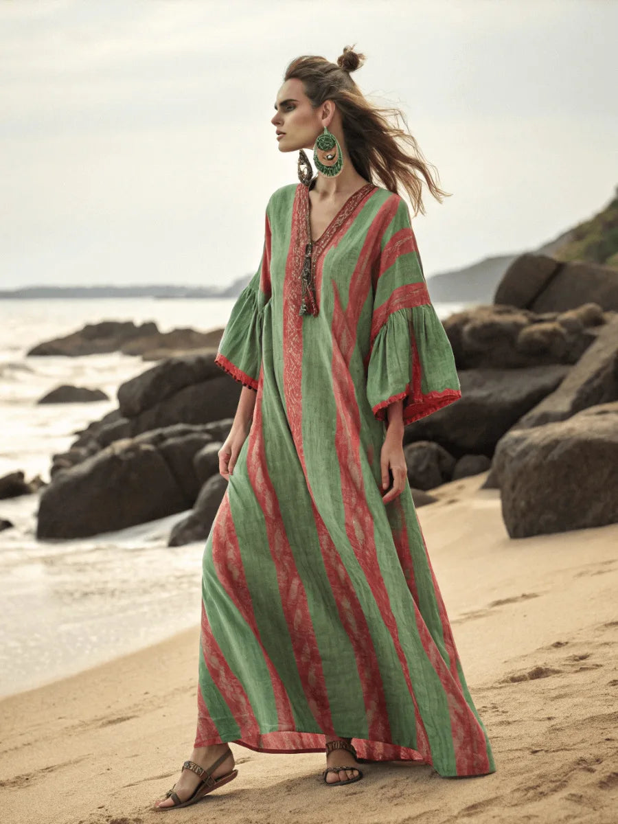 2026 Spring/Autumn Ethnic Print Maxi Dress – V-Neck, Striped Contrast, Trumpet Sleeves, Loose Fit Vacation Long Dress for Women