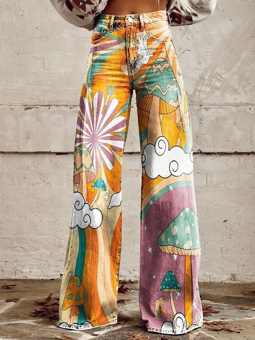 Artist Vintage Print Casual Wide Leg Pants