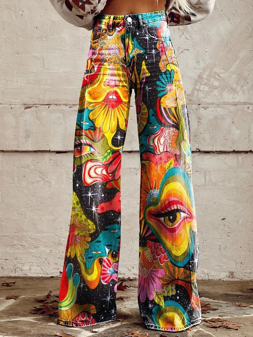 Artist Vintage Print Casual Wide Leg Pants