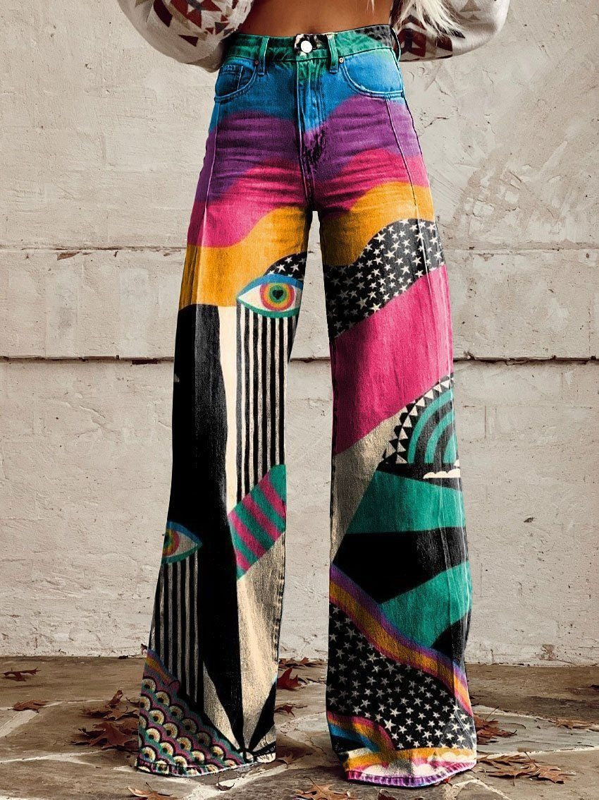 Artist Vintage Print Casual Wide Leg Pants