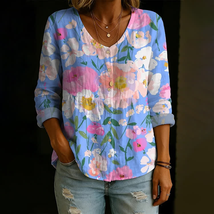 Colorful Floral Art Print Button V-Neck A-Line Long Sleeve Blouse