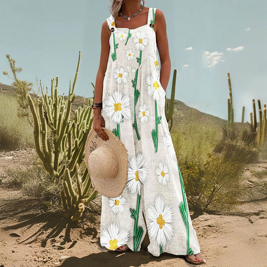 Dashingsoul Vintage Simple Daisy Print Casual Wide Leg Jumpsuitv