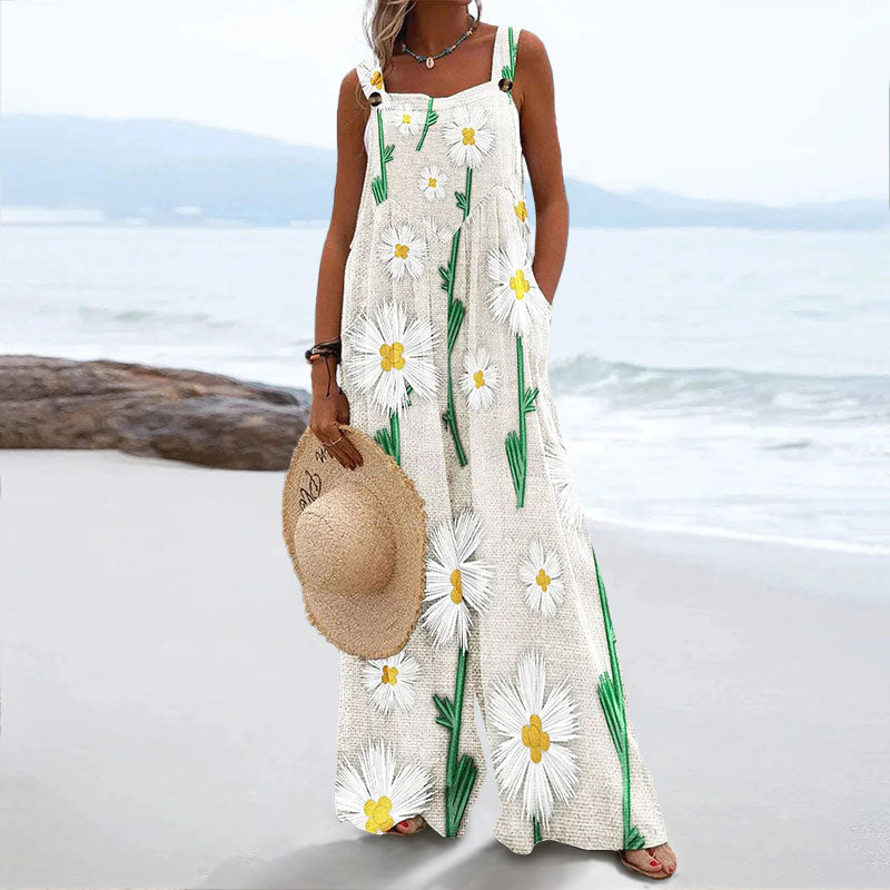 Dashingsoul Vintage Simple Daisy Print Casual Wide Leg Jumpsuitv