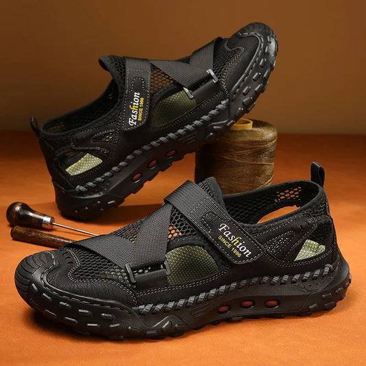 Men'S Casual Beach Outdoor Sandals Summer New Baotou Sandals Men'S Hand-Sewn Hollow Breathable Mesh Shoes