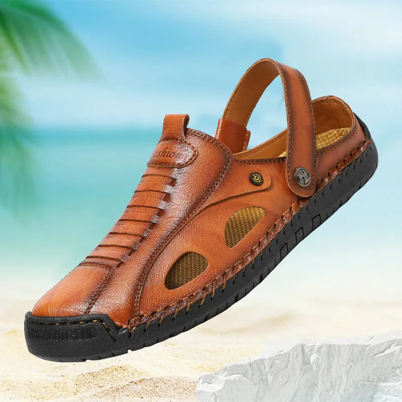 ⏰LAST DAY-70% OFF🛒Men's Adjustable Strap Leather Slides – Comfortable for Walking & Hiking