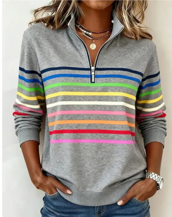 🎄Clearance Sale🔥 Women's Vibrant Striped Half-Zip Casual Sweatshirt