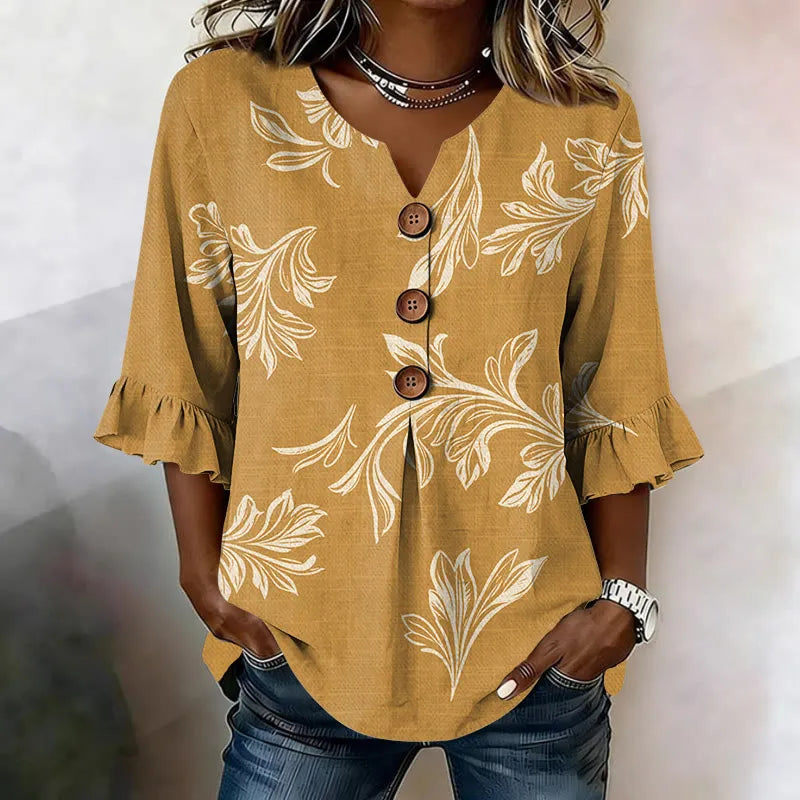 Vintage Flower Print Button V-neck Blouse With Ruffle Sleeves