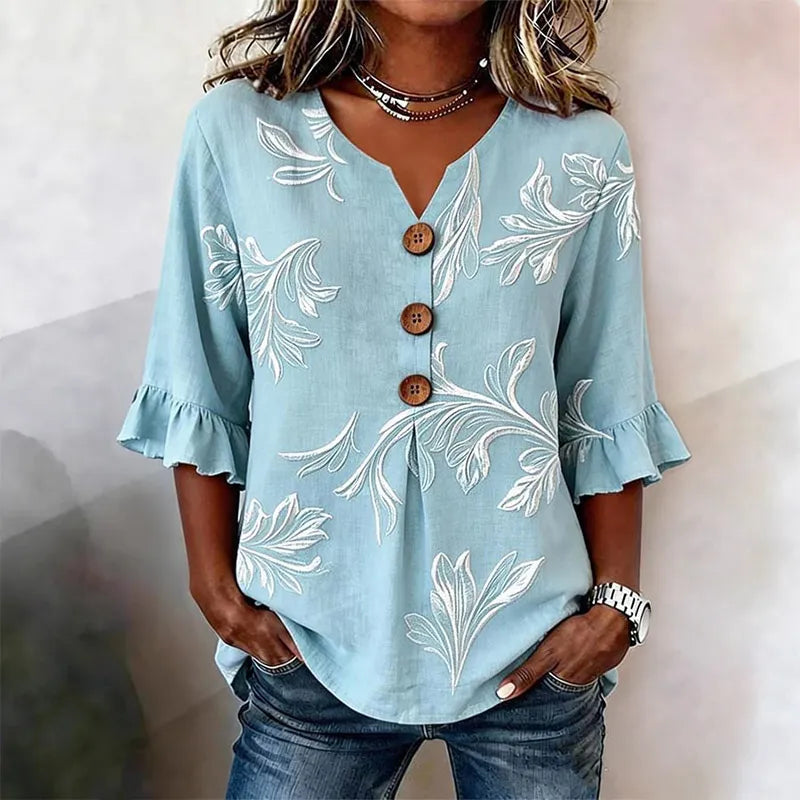Vintage Flower Print Button V-neck Blouse With Ruffle Sleeves